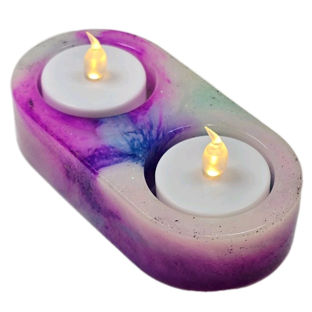 Handmade Resin Tealight Candle Holder Purple Pink White Galaxy‎ Swirl Decor